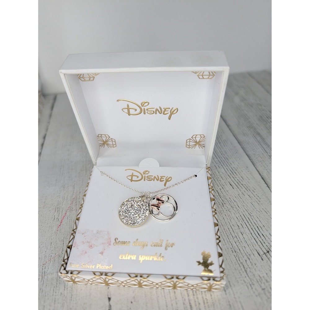 Disney Fine Silver Plated Minnie Mouse Pave Crystal Double Charm Necklace Boxed